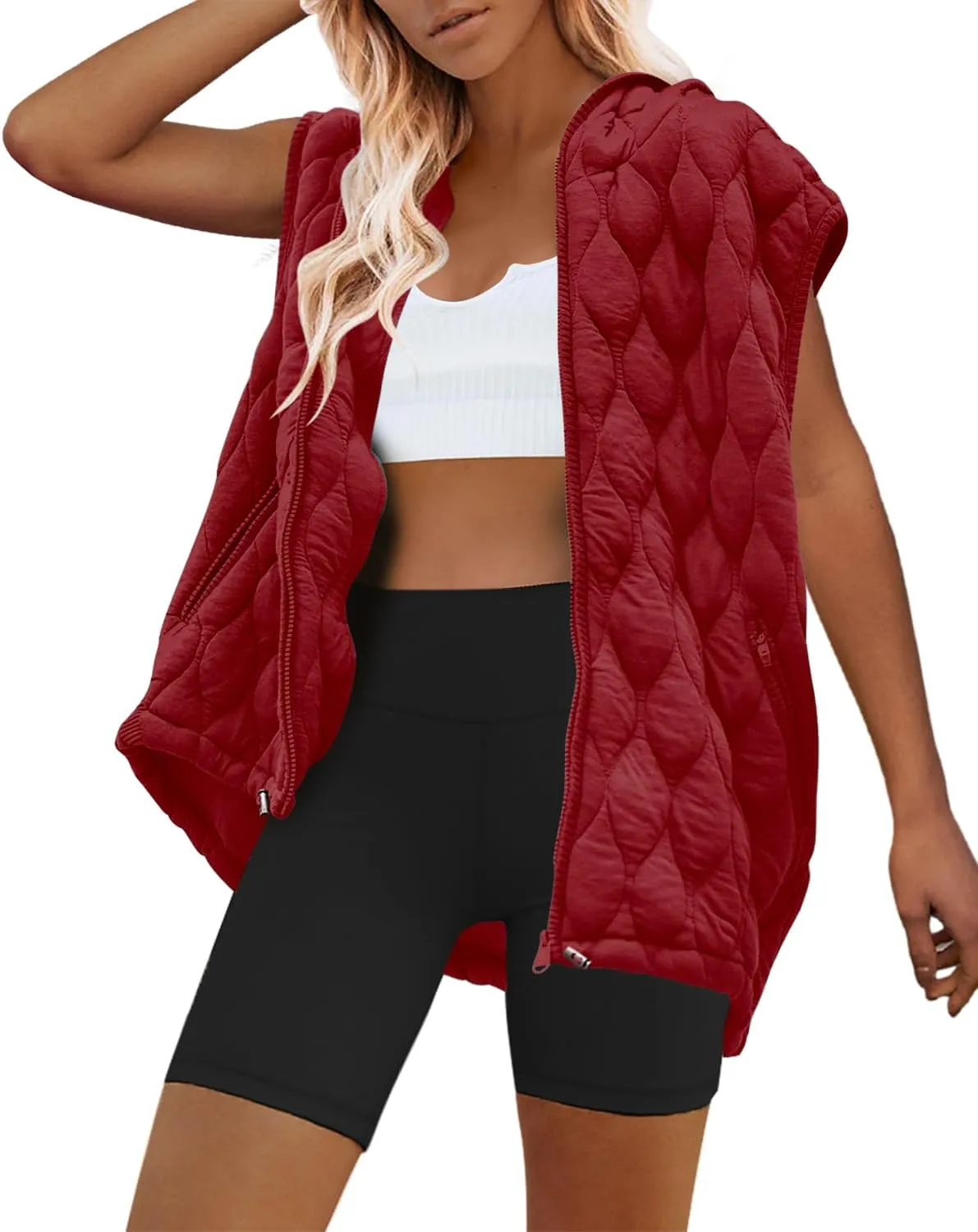 SENSERISE Womens Oversized Puffer Vest Sleeveless Quilted Jacket Zip Up Hoodie Winter Coat with Pockets Padded Gilet