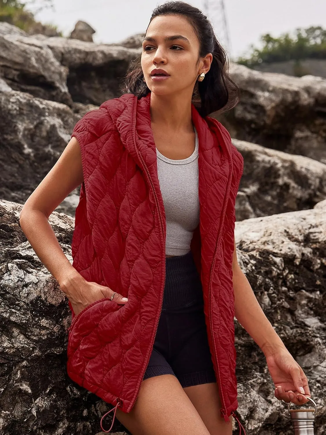 SENSERISE Womens Oversized Puffer Vest Sleeveless Quilted Jacket Zip Up Hoodie Winter Coat with Pockets Padded Gilet