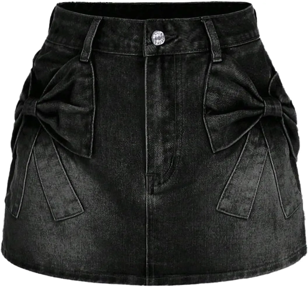 SHENHE Women's Denim Mini Skirt Bowknot Straight Jean Skirt Summer Cute Mini Skirts