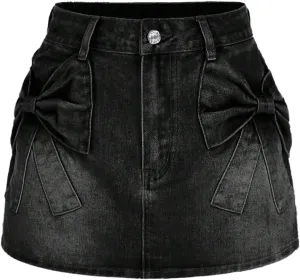 SHENHE Women's Denim Mini Skirt Bowknot Straight Jean Skirt Summer Cute Mini Skirts