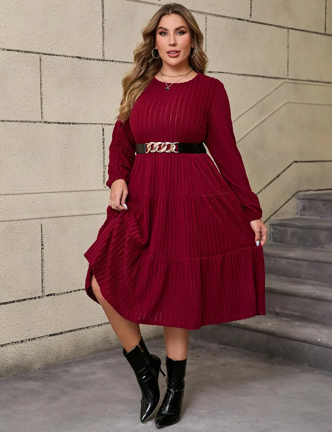 ShopWonder Women Plus Size Knit Sweater Dress Round Neck Long Sleeves Comfy Pullover Winter Midi Dress with Belt