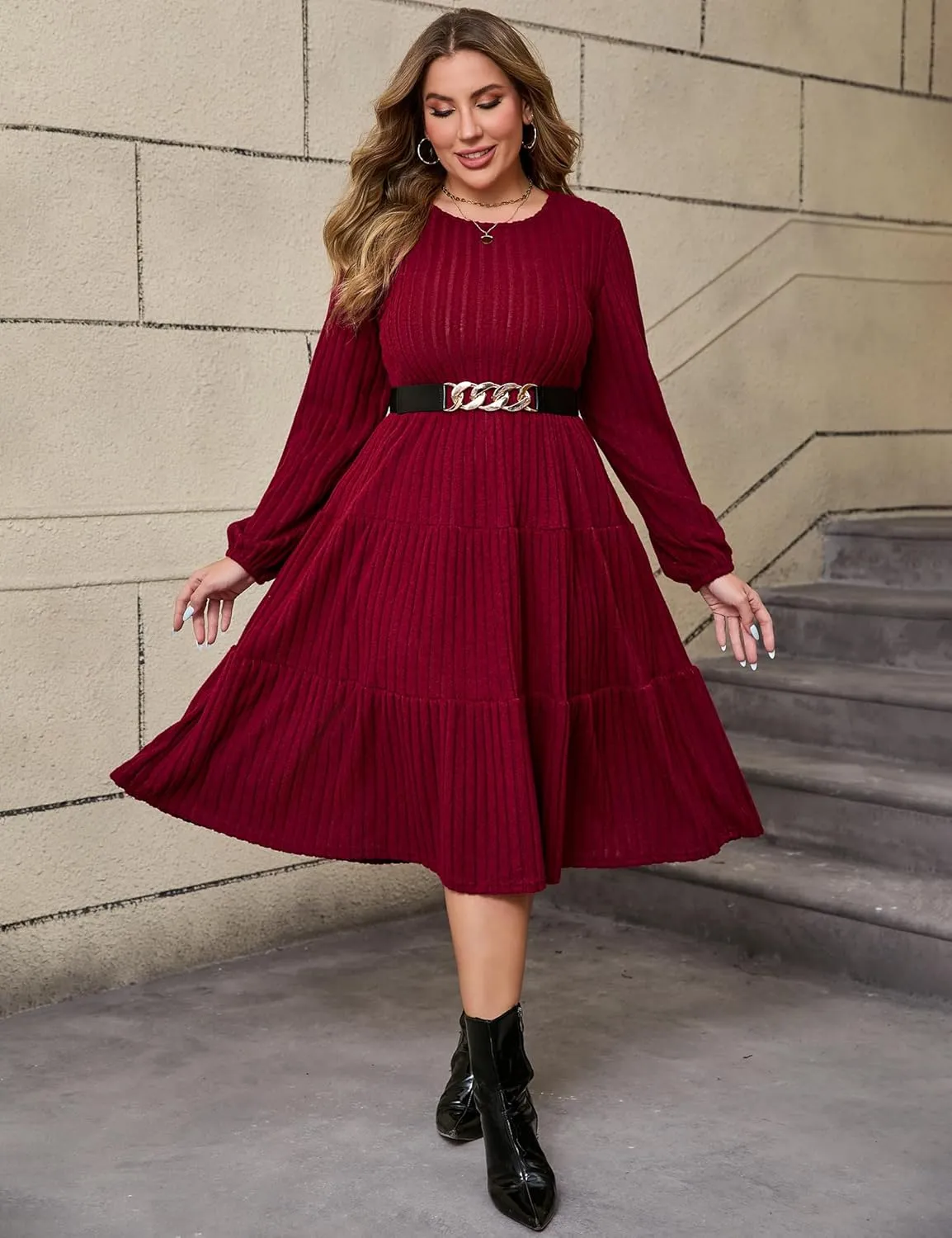 ShopWonder Women Plus Size Knit Sweater Dress Round Neck Long Sleeves Comfy Pullover Winter Midi Dress with Belt