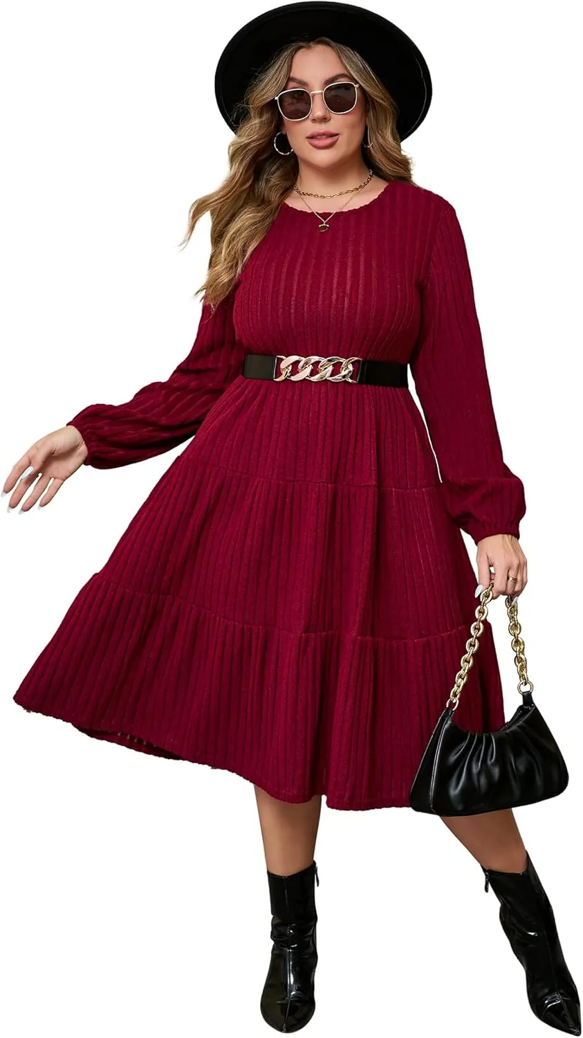ShopWonder Women Plus Size Knit Sweater Dress Round Neck Long Sleeves Comfy Pullover Winter Midi Dress with Belt