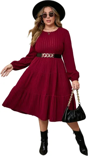 ShopWonder Women Plus Size Knit Sweater Dress Round Neck Long Sleeves Comfy Pullover Winter Midi Dress with Belt