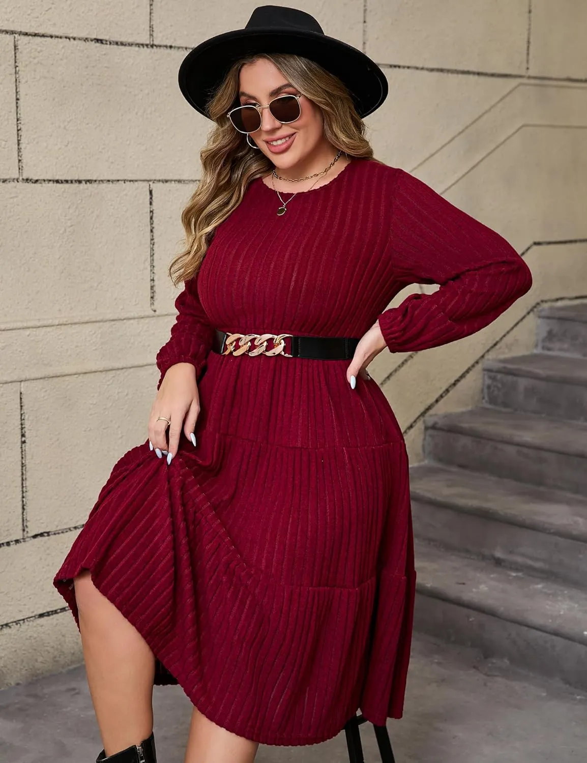 ShopWonder Women Plus Size Knit Sweater Dress Round Neck Long Sleeves Comfy Pullover Winter Midi Dress with Belt