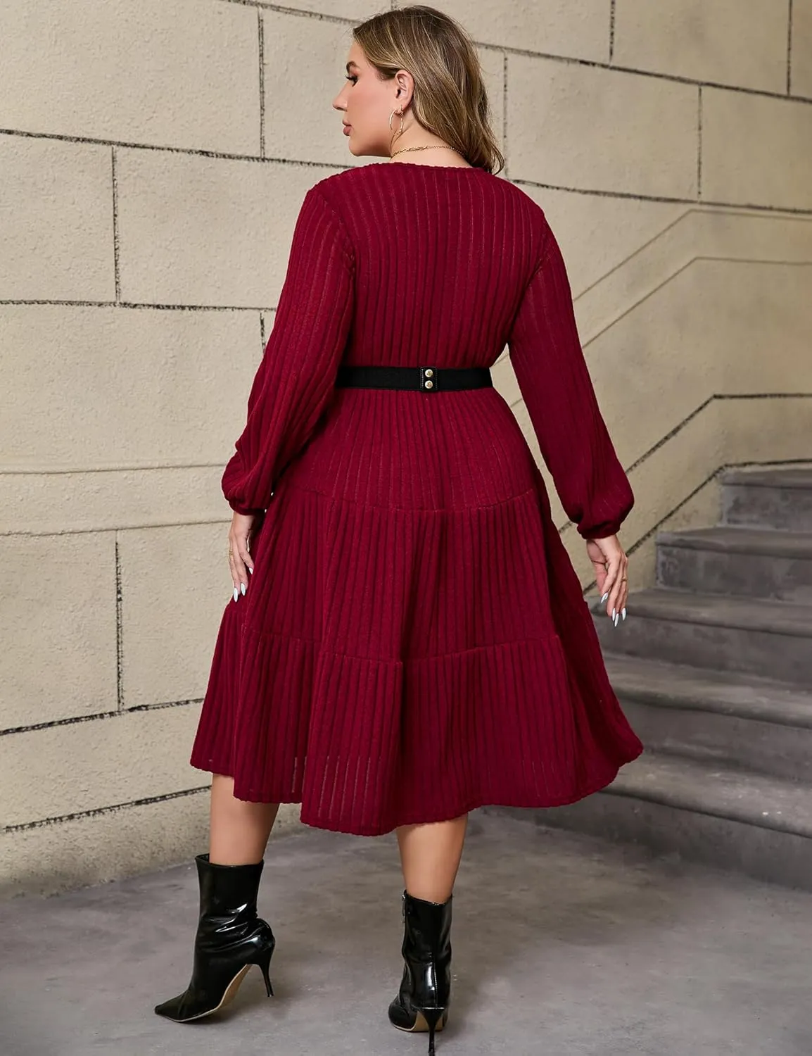 ShopWonder Women Plus Size Knit Sweater Dress Round Neck Long Sleeves Comfy Pullover Winter Midi Dress with Belt