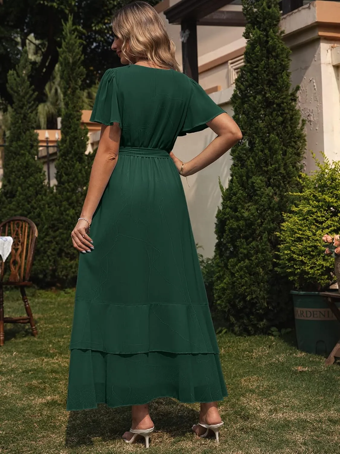 Simplee Womens Solid Chiffon Wrap Formal Maxi Ruffle Split Dress Flowy Bridesmaid Wedding Party Evening Dress with Belt