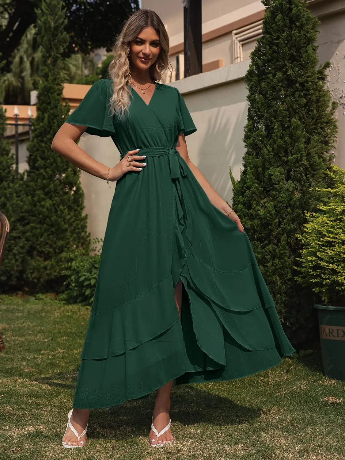 Simplee Womens Solid Chiffon Wrap Formal Maxi Ruffle Split Dress Flowy Bridesmaid Wedding Party Evening Dress with Belt