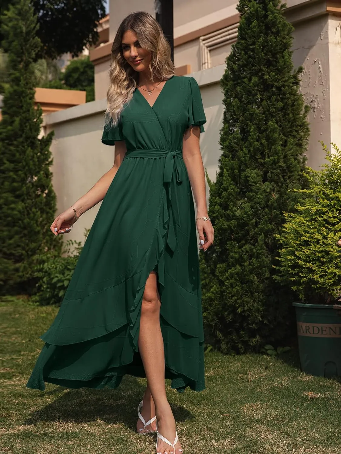 Simplee Womens Solid Chiffon Wrap Formal Maxi Ruffle Split Dress Flowy Bridesmaid Wedding Party Evening Dress with Belt