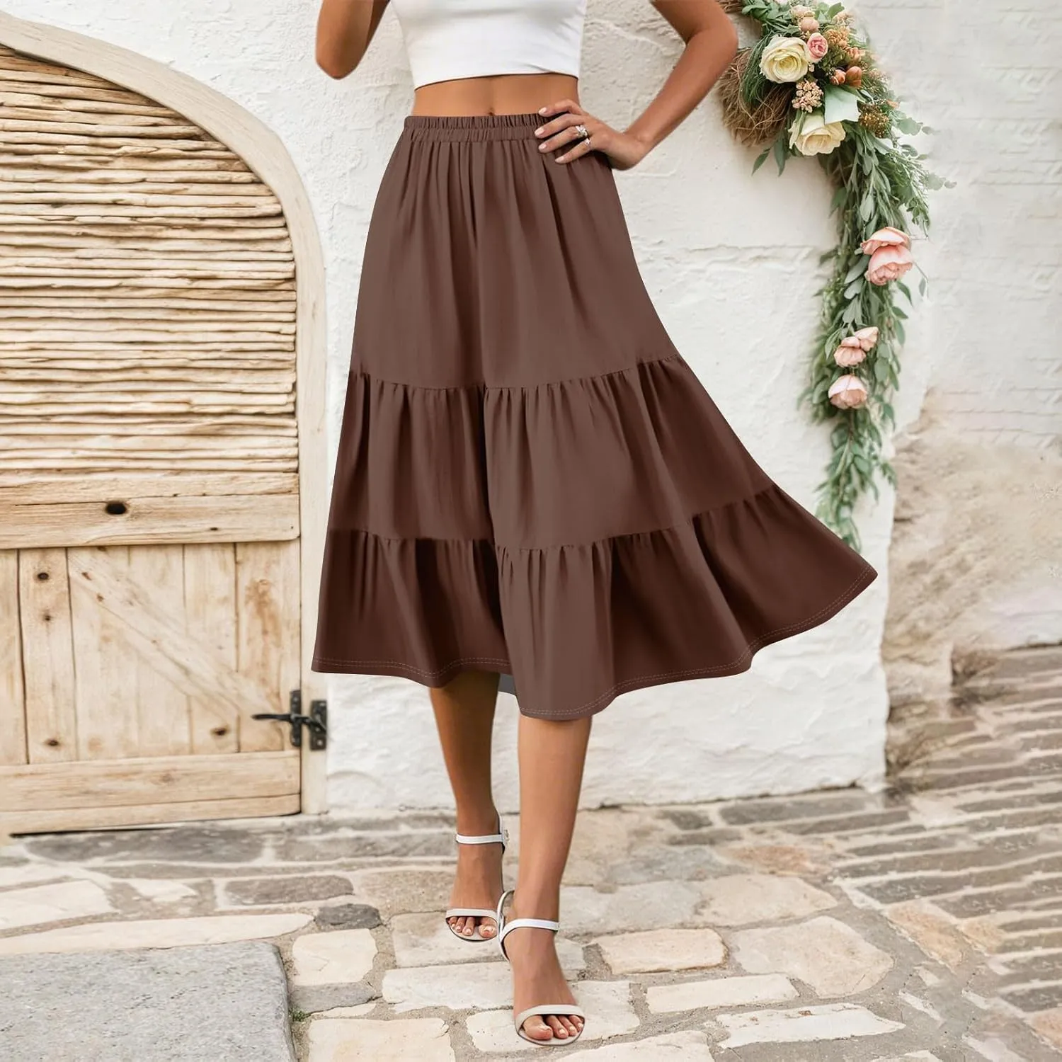 Skirts for Women Midi Length Boho Beach Vacation Flowy Floral Skirt Summer Casual Comfy High Waisted A Line Skirt