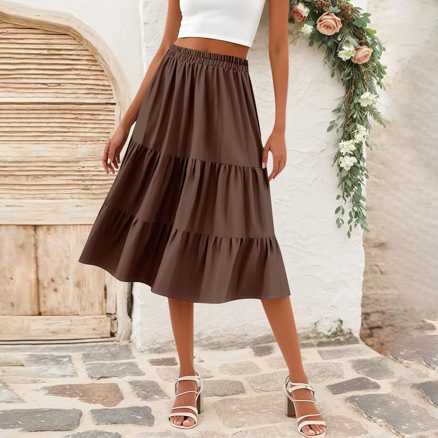 Skirts for Women Midi Length Boho Beach Vacation Flowy Floral Skirt Summer Casual Comfy High Waisted A Line Skirt