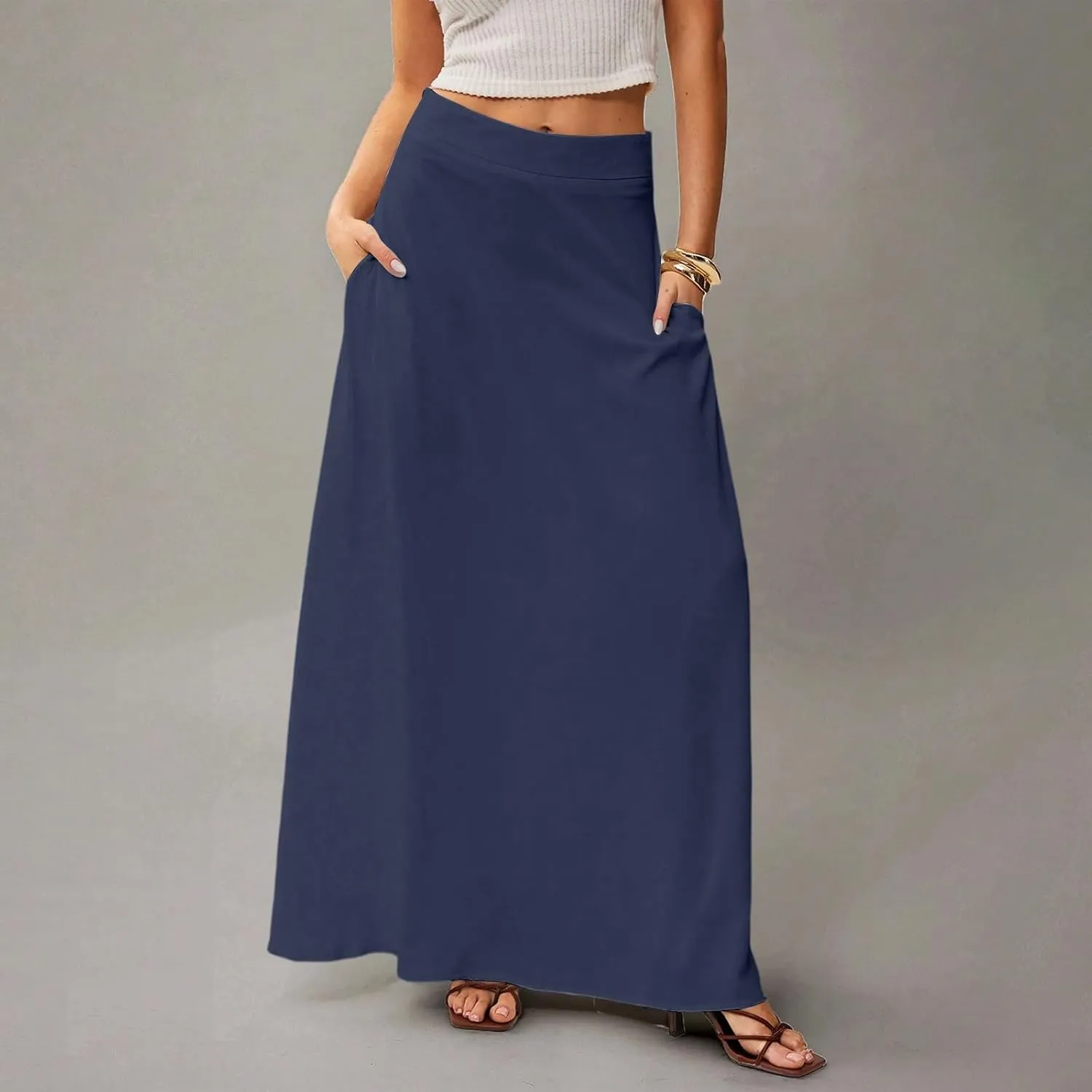 Skirts for Women Midi Length High Waisted Pleated A-Line Summer Swing Long Work Office with Pockets