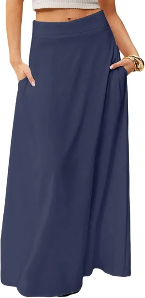 Skirts for Women Midi Length High Waisted Pleated A-Line Summer Swing Long Work Office with Pockets