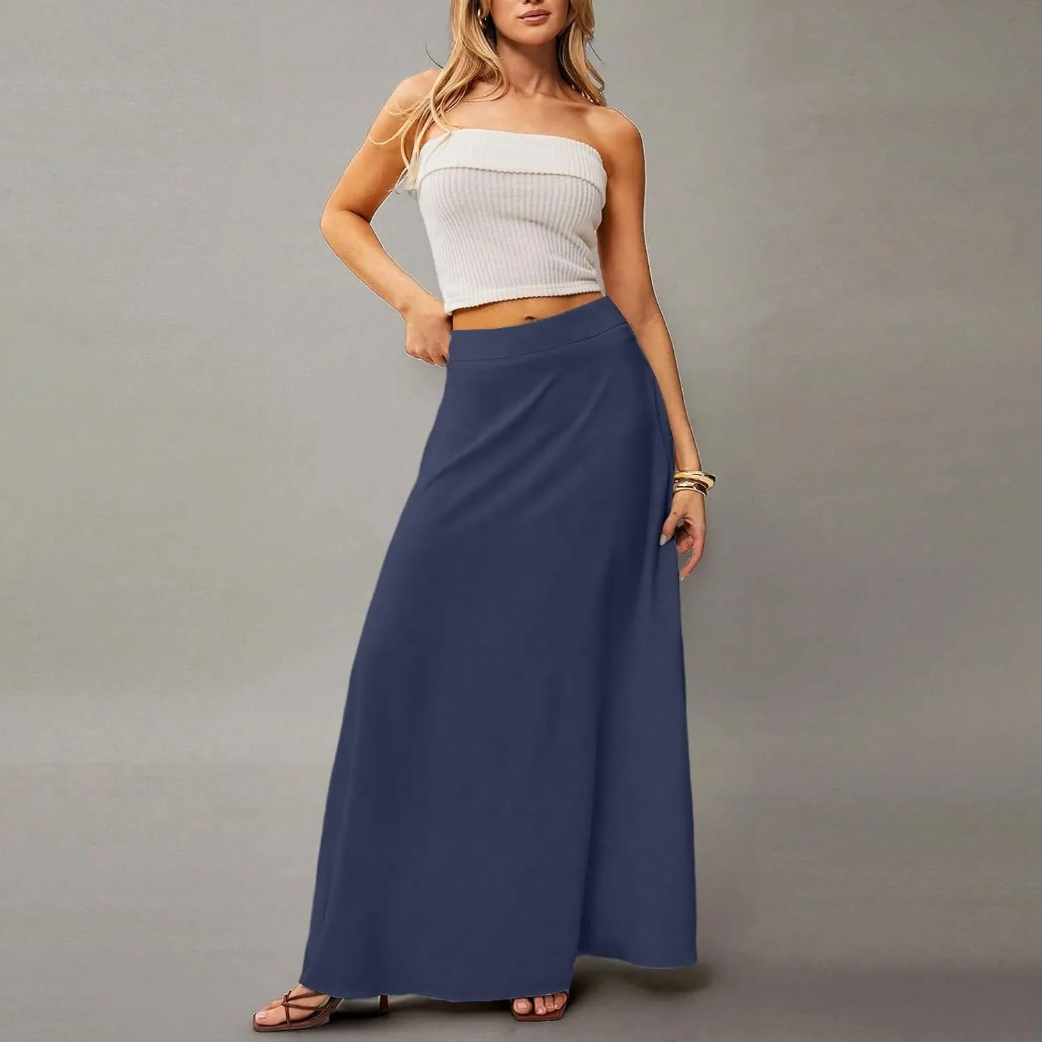 Skirts for Women Midi Length High Waisted Pleated A-Line Summer Swing Long Work Office with Pockets