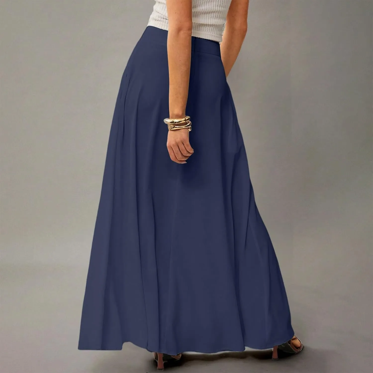 Skirts for Women Midi Length High Waisted Pleated A-Line Summer Swing Long Work Office with Pockets