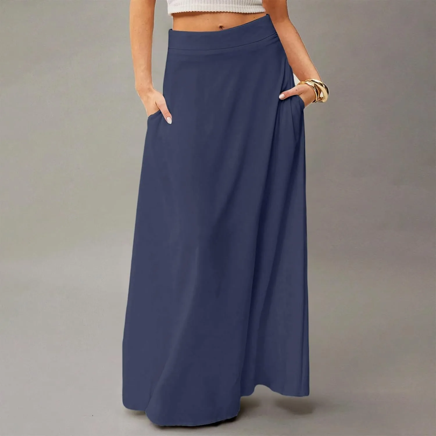 Skirts for Women Midi Length High Waisted Pleated A-Line Summer Swing Long Work Office with Pockets