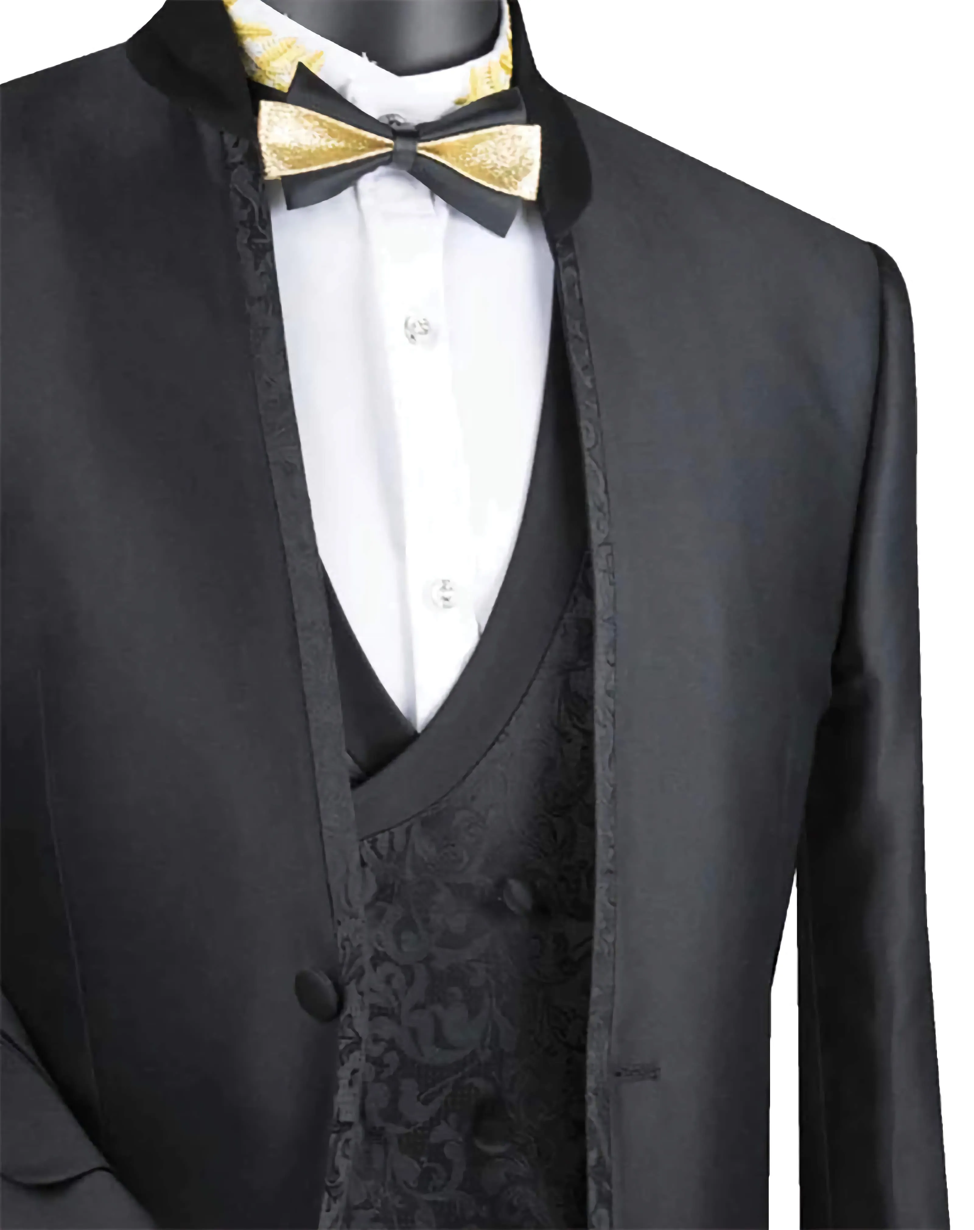 Slim Fit 3 Piece Banded Collar Shiny Sharkskin Suit in Black
