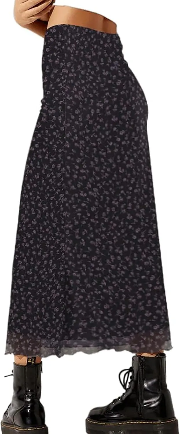 SOFIA'S CHOICE Midi Skirts for Women Elastic High Waisted A Line Flowy Floral Skirt