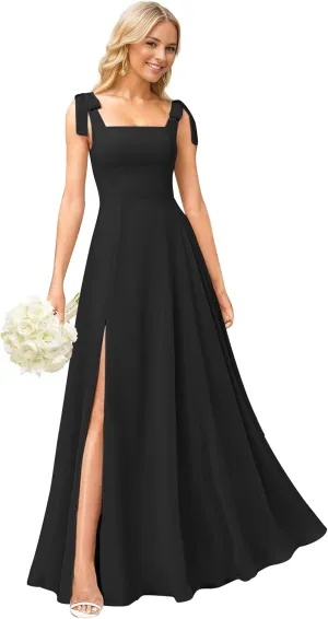 Square Neck Bridesmaid Dresses for Wedding Chiffon A Line Long Formal Evening Dress with Slit