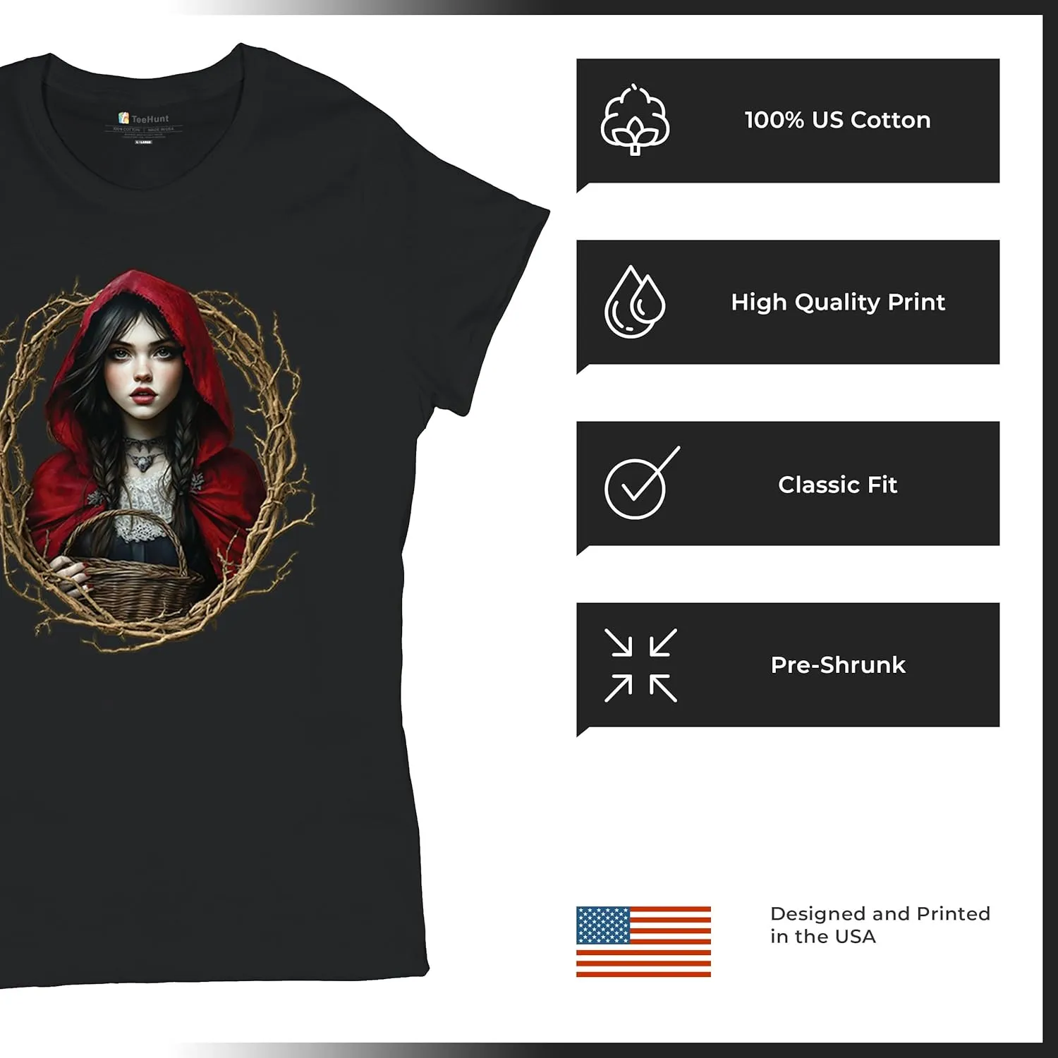 Storybook Red Riding Hood Women's T-Shirt Gothic Fairytale Cute Little Girl Forest Fantasy Witchy Cloak Cartoon Women's Tee