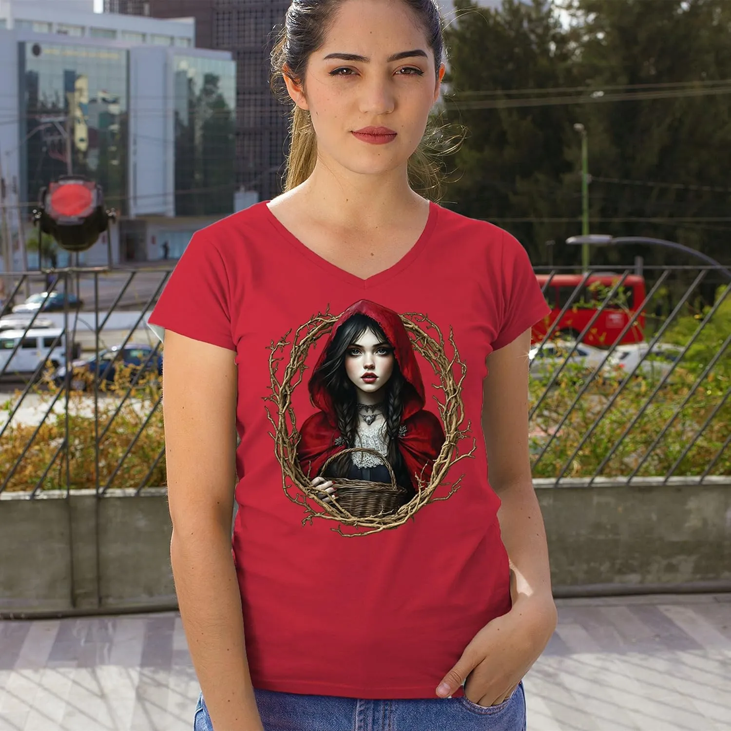 Storybook Red Riding Hood Women's T-Shirt Gothic Fairytale Cute Little Girl Forest Fantasy Witchy Cloak Cartoon Women's Tee