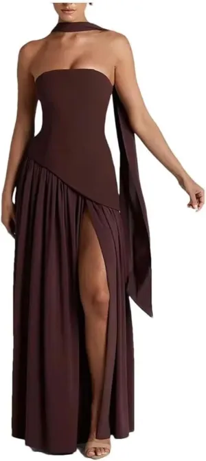 Strapless Bridesmaid Dress with Scarf Chiffon Long Formal Prom Dresses Evening Gowns with Slit