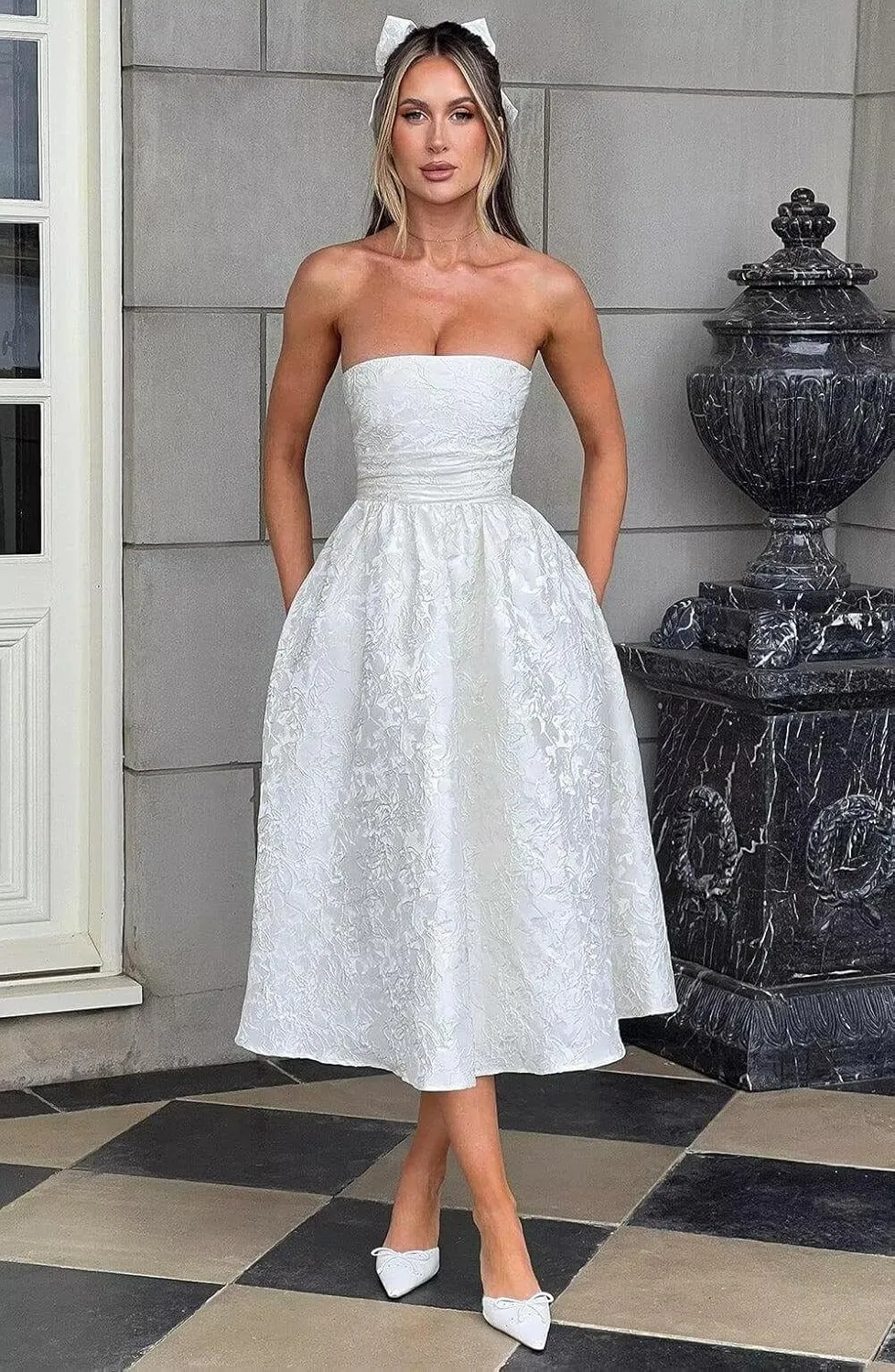 Strapless Jacquard Floral Satin Prom Dresses Corset A Line Midi Homecoming Dresses for Teens