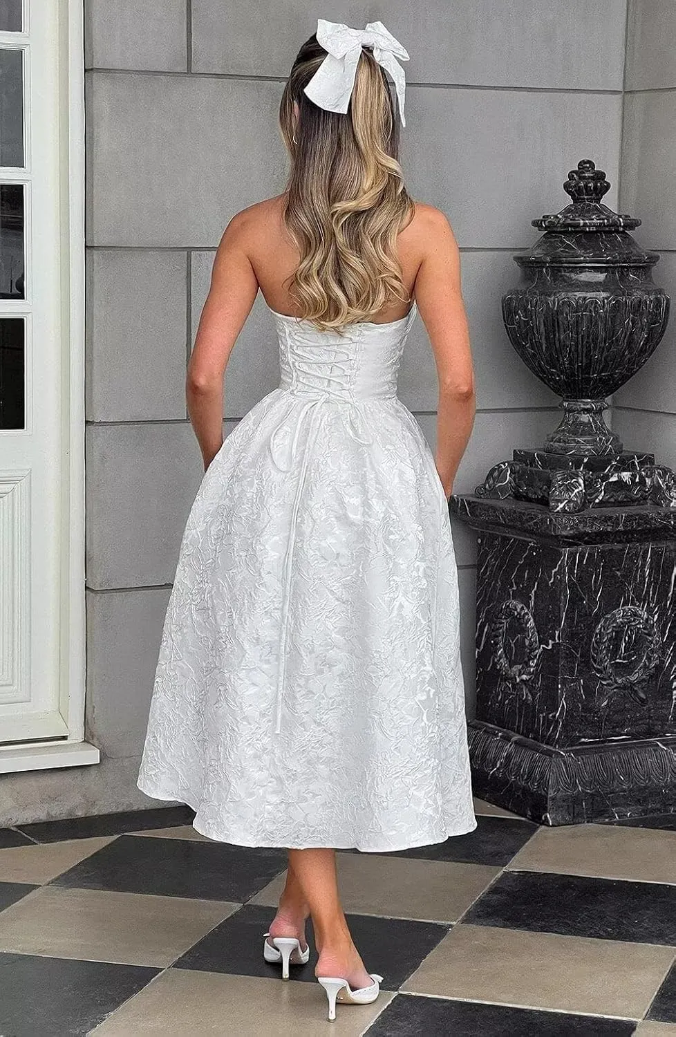 Strapless Jacquard Floral Satin Prom Dresses Corset A Line Midi Homecoming Dresses for Teens