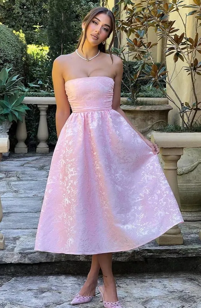 Strapless Jacquard Floral Satin Prom Dresses Corset A Line Midi Homecoming Dresses for Teens