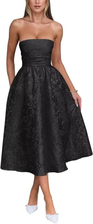 Strapless Jacquard Floral Satin Prom Dresses Corset A Line Midi Homecoming Dresses for Teens