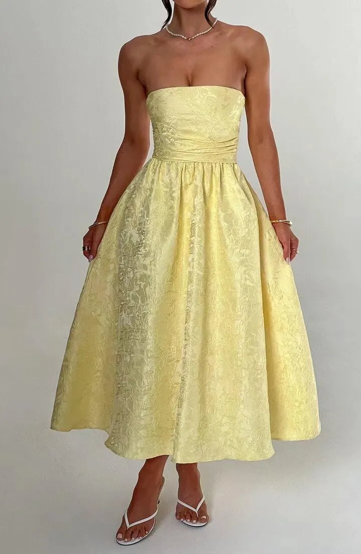 Strapless Jacquard Floral Satin Prom Dresses Corset A Line Midi Homecoming Dresses for Teens