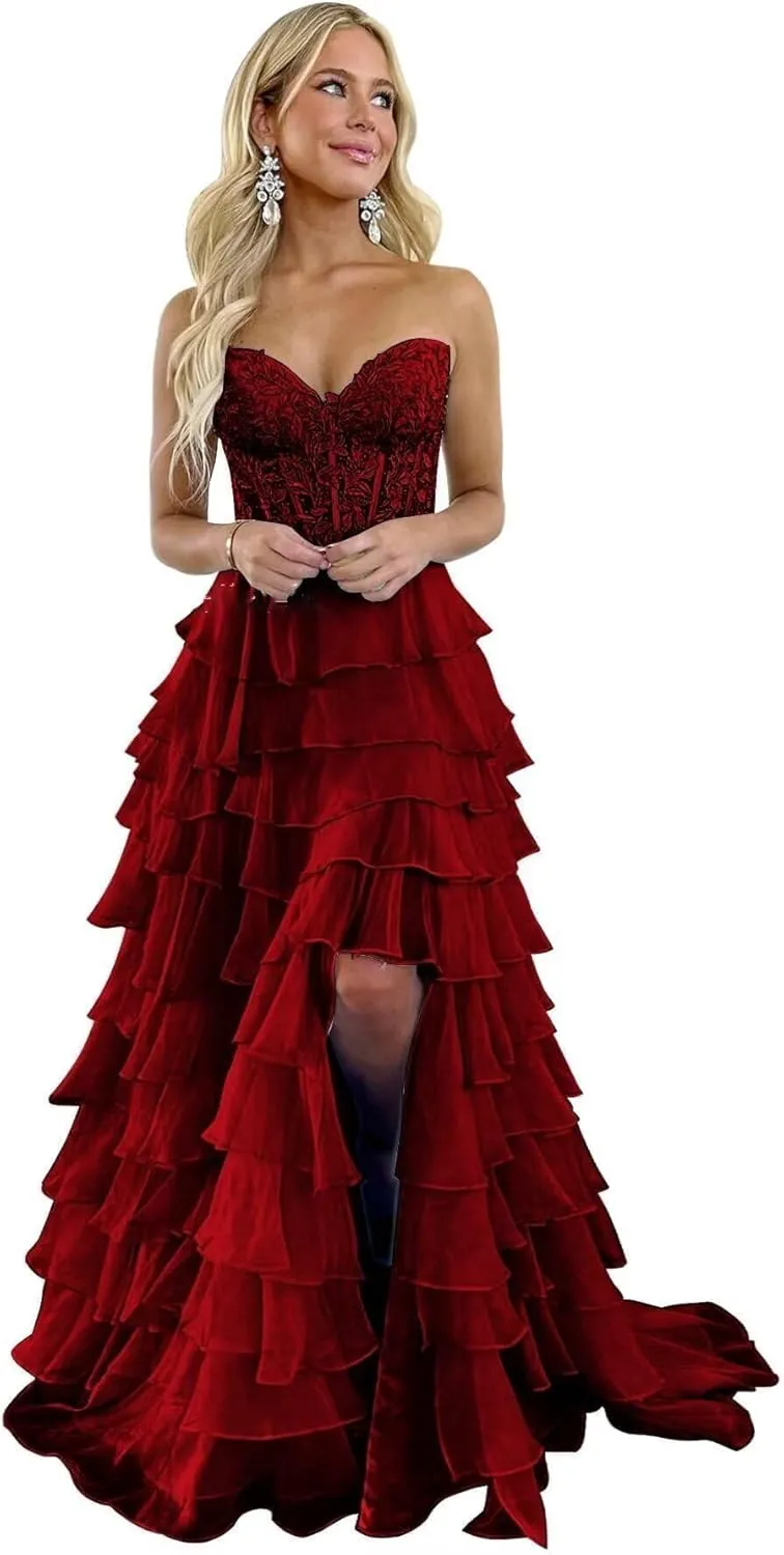 Strapless Tiered Lace Prom Dresses for Women 2024 Long Sweetheart Chiffon Corset Formal Evening Gown with Slit YH20