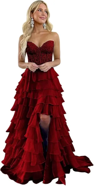 Strapless Tiered Lace Prom Dresses for Women 2024 Long Sweetheart Chiffon Corset Formal Evening Gown with Slit YH20