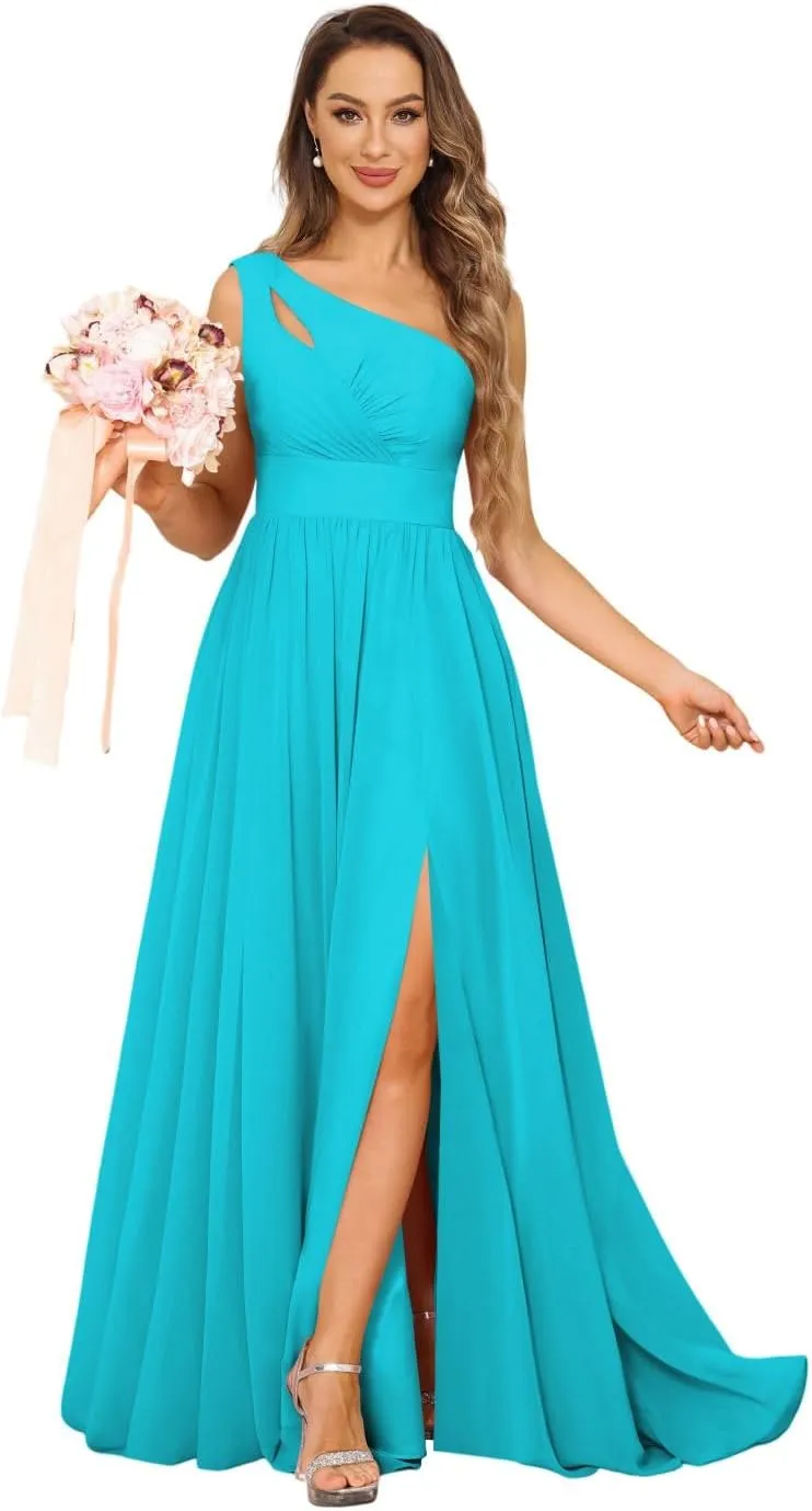 Stylefun One Shoulder A-Line Bridesmaid Dress with Slit Chiffon Pleated Formal Evening Gowns for Women CYM207