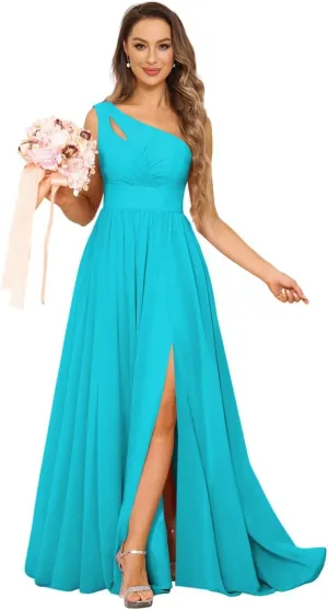 Stylefun One Shoulder A-Line Bridesmaid Dress with Slit Chiffon Pleated Formal Evening Gowns for Women CYM207