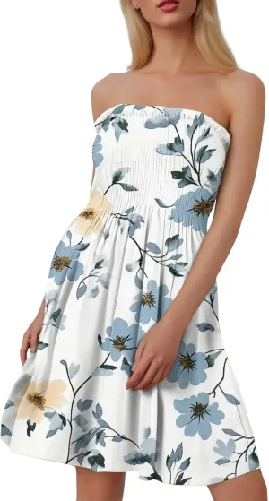 Summer Dress for Women 2025 Beach Boho A Line Sleeveless Flowy Strapless Dress Cover Ups Off Shoulder Floral Graphic Sundress