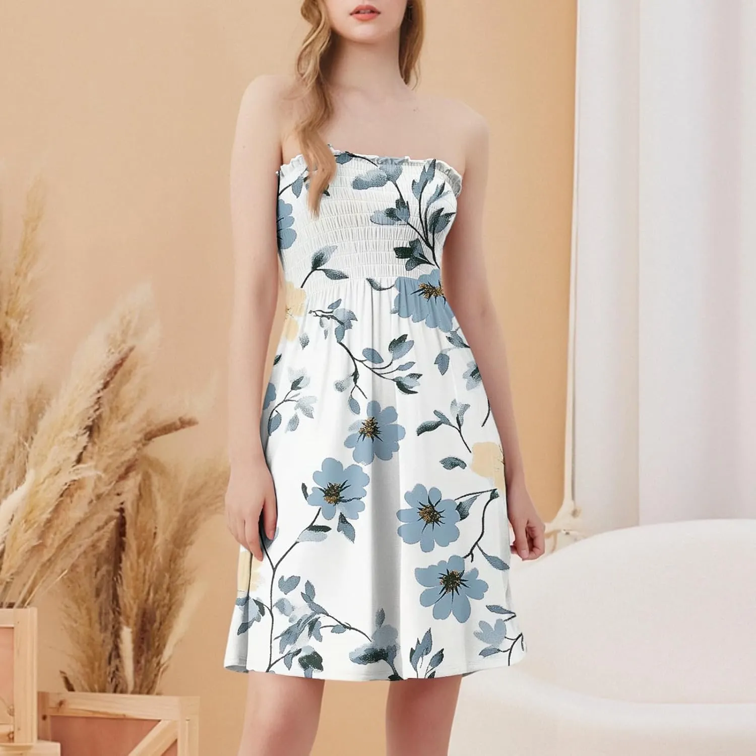 Summer Dress for Women 2025 Beach Boho A Line Sleeveless Flowy Strapless Dress Cover Ups Off Shoulder Floral Graphic Sundress