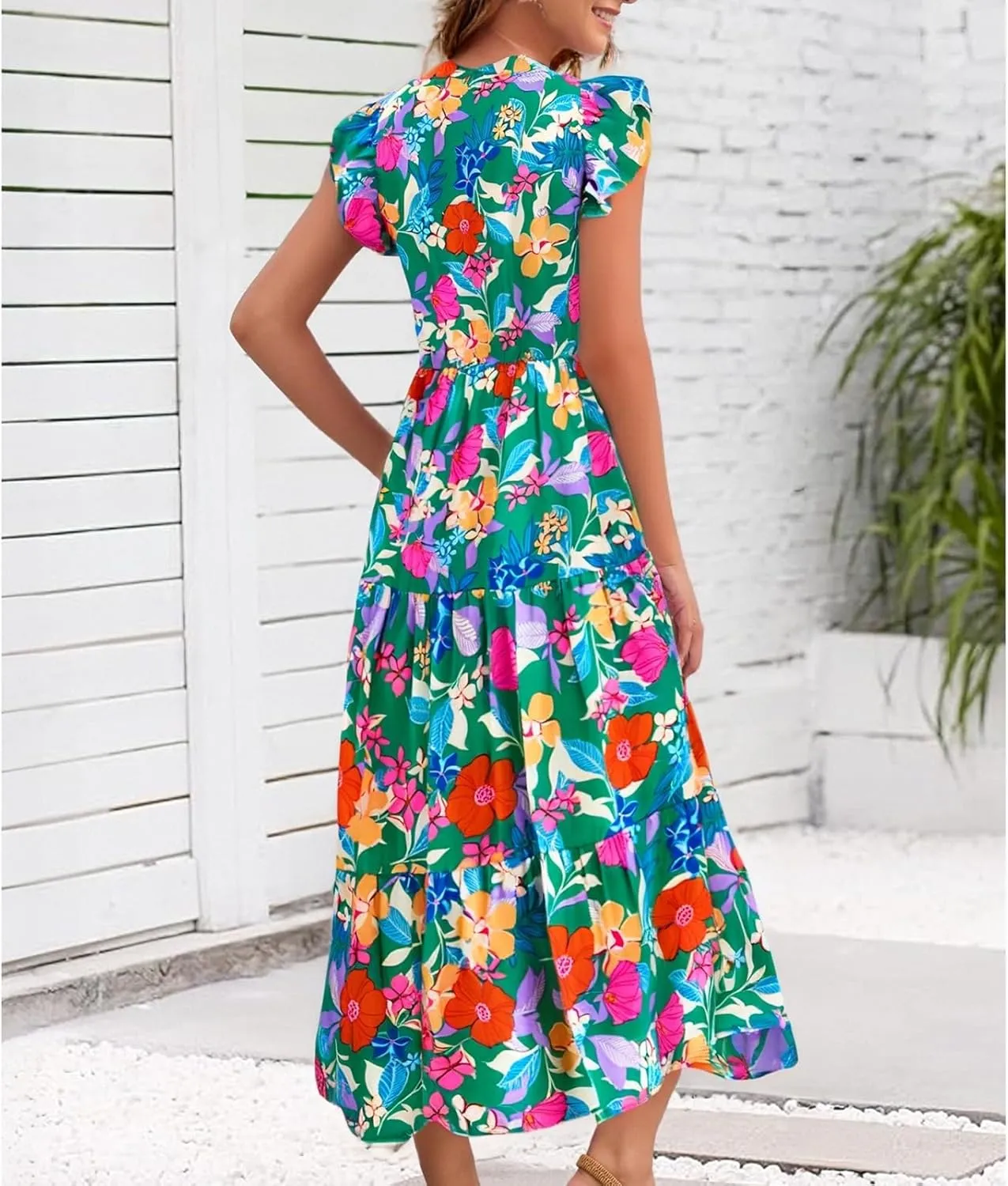 Summer Dresses for Women 2025 Floral Wedding Guest Maxi Dresses V Neck Cap Sleeve Tiered Beach Tea Party Dress
