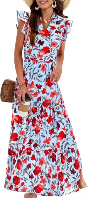 Summer Dresses for Women 2025 Floral Wedding Guest Maxi Dresses V Neck Cap Sleeve Tiered Beach Tea Party Dress