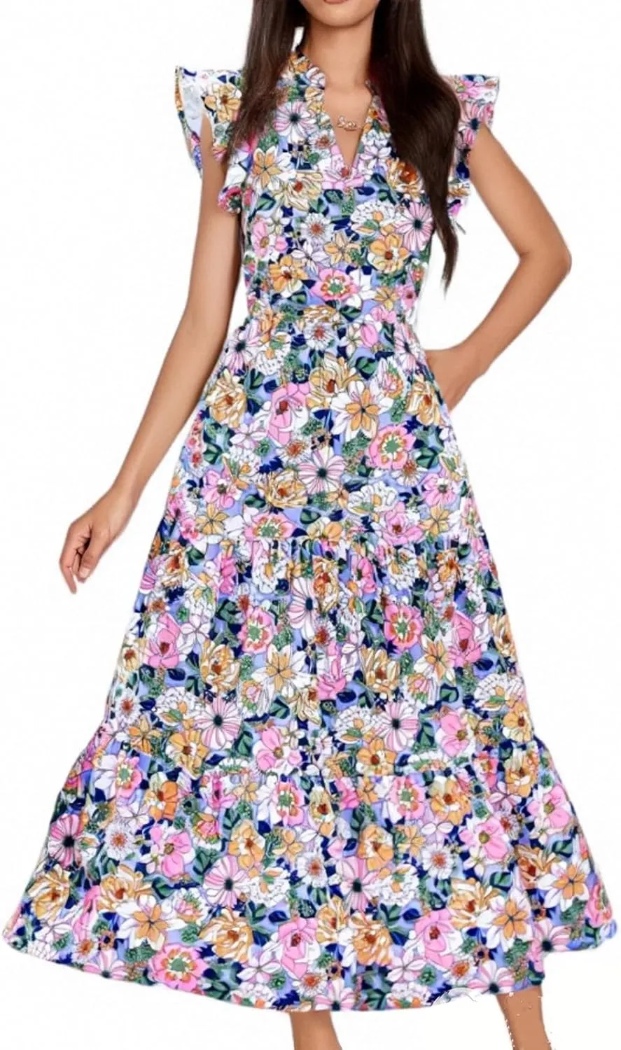 Summer Dresses for Women 2025 Floral Wedding Guest Maxi Dresses V Neck Cap Sleeve Tiered Beach Tea Party Dress