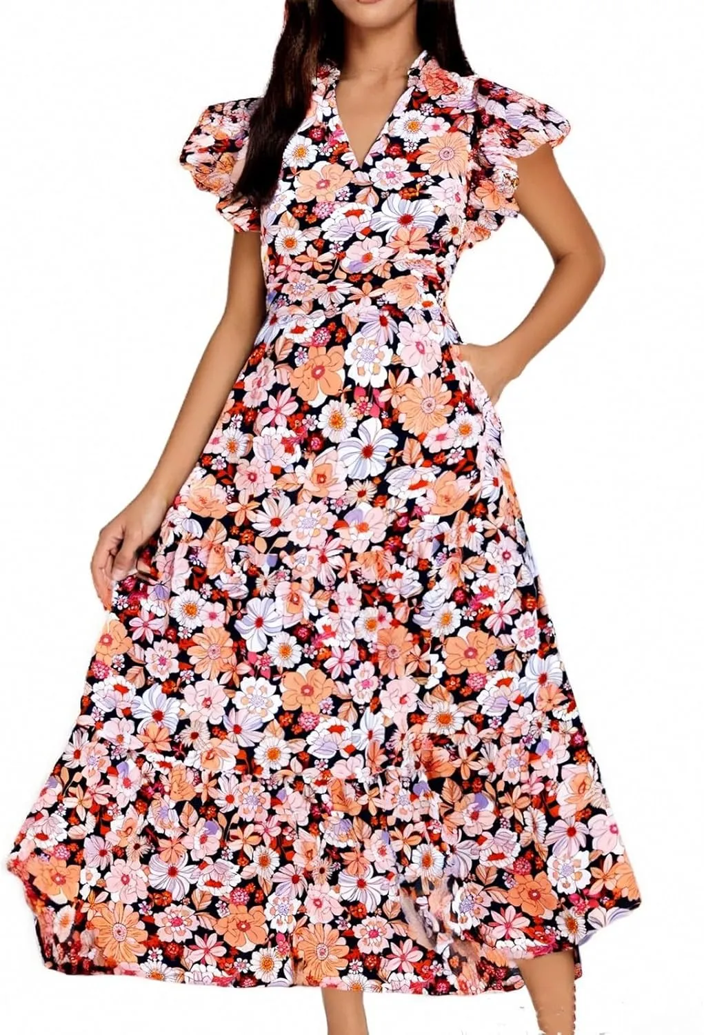 Summer Dresses for Women 2025 Floral Wedding Guest Maxi Dresses V Neck Cap Sleeve Tiered Beach Tea Party Dress