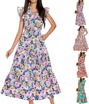 Summer Dresses for Women 2025 Floral Wedding Guest Maxi Dresses V Neck Cap Sleeve Tiered Beach Tea Party Dress