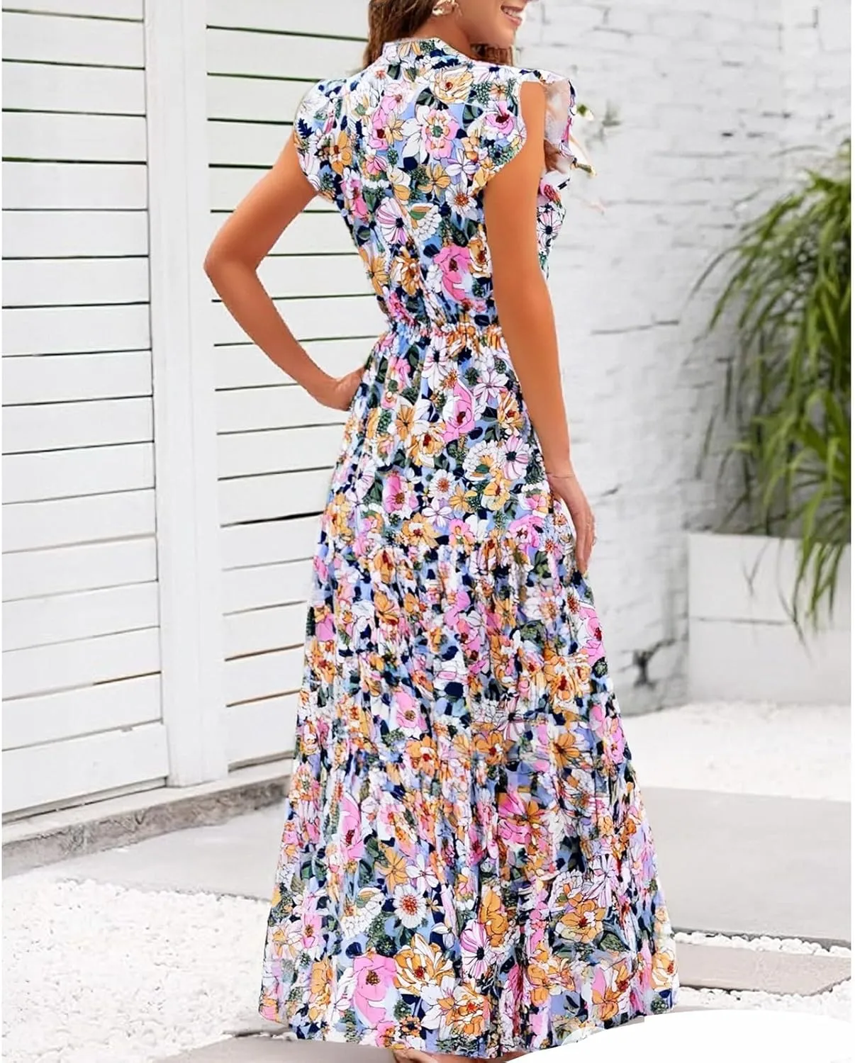 Summer Dresses for Women 2025 Floral Wedding Guest Maxi Dresses V Neck Cap Sleeve Tiered Beach Tea Party Dress