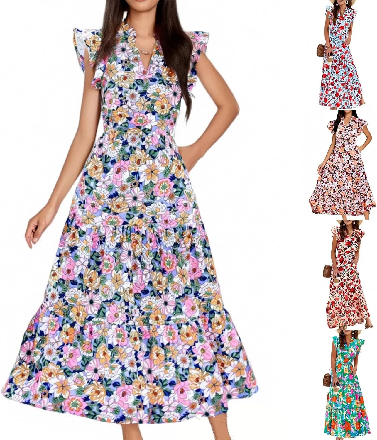 Summer Dresses for Women 2025 Floral Wedding Guest Maxi Dresses V Neck Cap Sleeve Tiered Beach Tea Party Dress