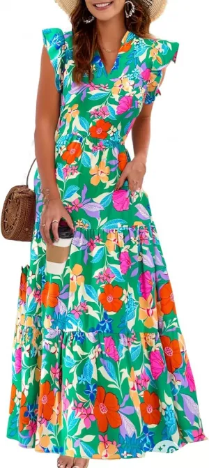 Summer Dresses for Women 2025 Floral Wedding Guest Maxi Dresses V Neck Cap Sleeve Tiered Beach Tea Party Dress