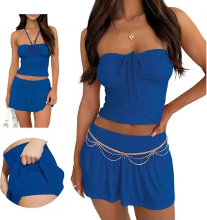 Summer Two Piece Outfits for Women Y2K Going Out Tie Ruched Tube Crop Tops Low Rise Pleated Mini Skort Skirt Sets