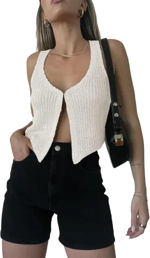 Sunloudy Knit Vest Tops for Women Sleeveless V Neck Button Down Sweater Vest Solid Color Crochet Tank Tops Streetwear