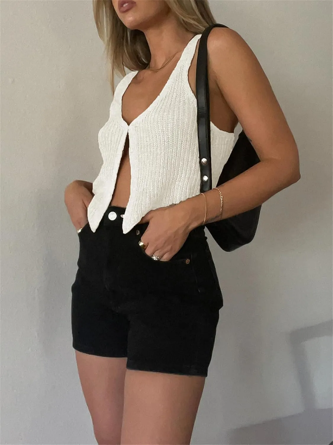 Sunloudy Knit Vest Tops for Women Sleeveless V Neck Button Down Sweater Vest Solid Color Crochet Tank Tops Streetwear