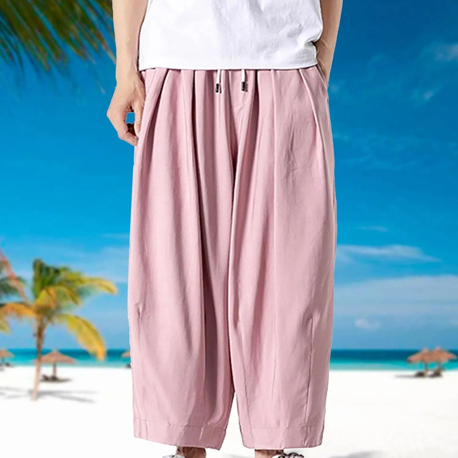 SUWBMHWE Mens Harem Pants Men Summer Beach Lounge Hippie Linen Graphic Wide-Leg Trousers Boho Toji Baggy Plus Size
