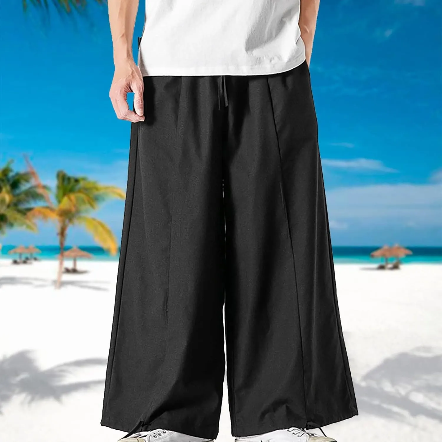 SUWBMHWE Mens Harem Pants Men Summer Beach Lounge Hippie Linen Graphic Wide-Leg Trousers Boho Toji Baggy Plus Size